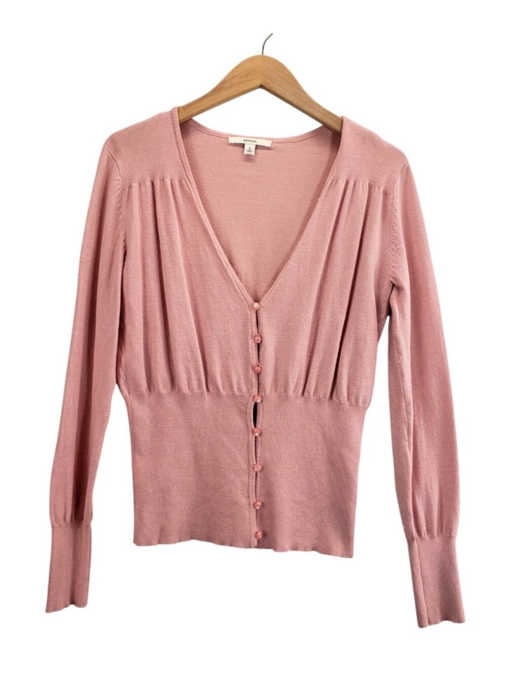 Mauve Pink Silk Cotton Blend Cardigan S Merano Button V-Neck Cropped Ruched